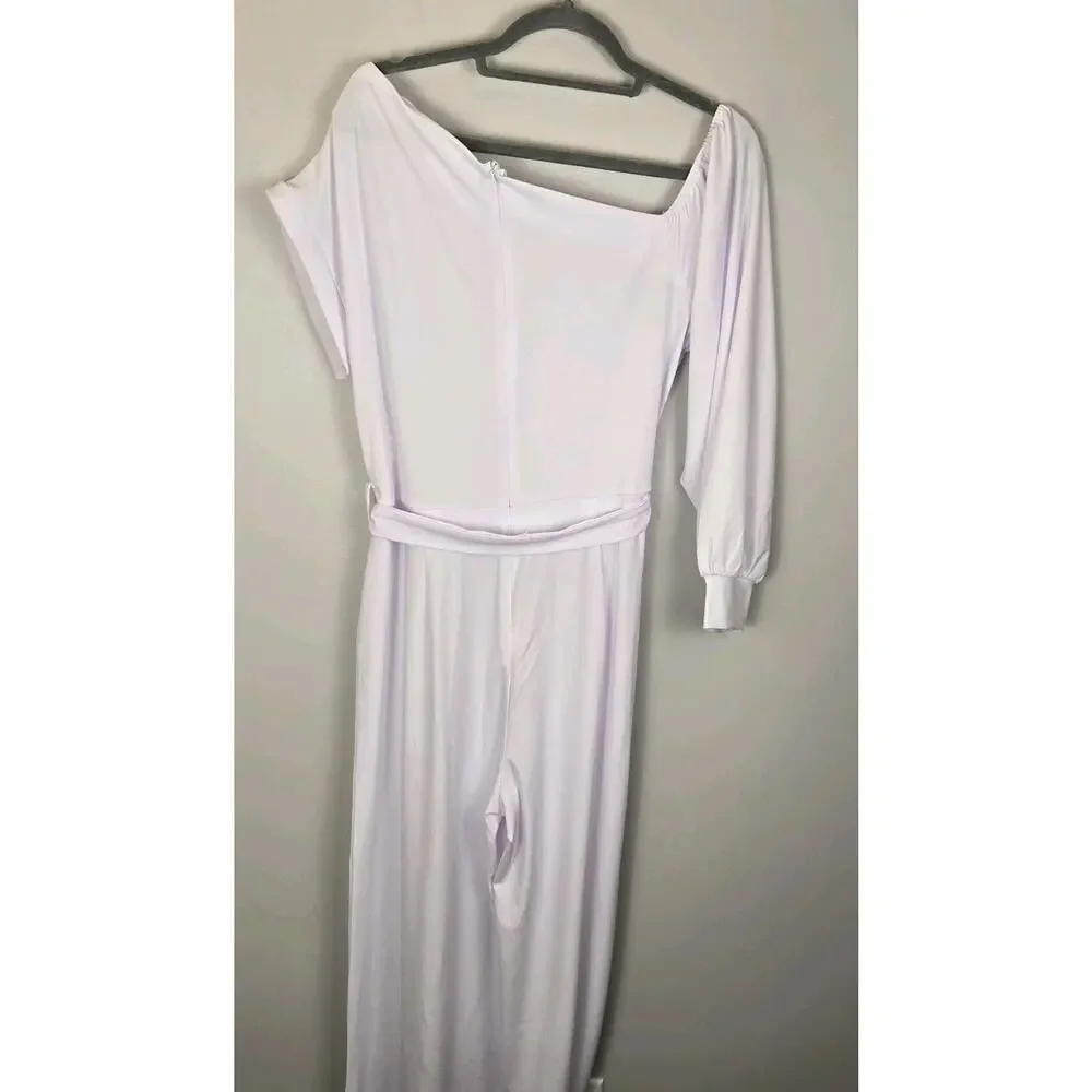 White Poly Spandex Jumpsuit Flare Leg HiLo Sleeves Belted 26" Inseam. RESORT NEW - Picture 5 of 8